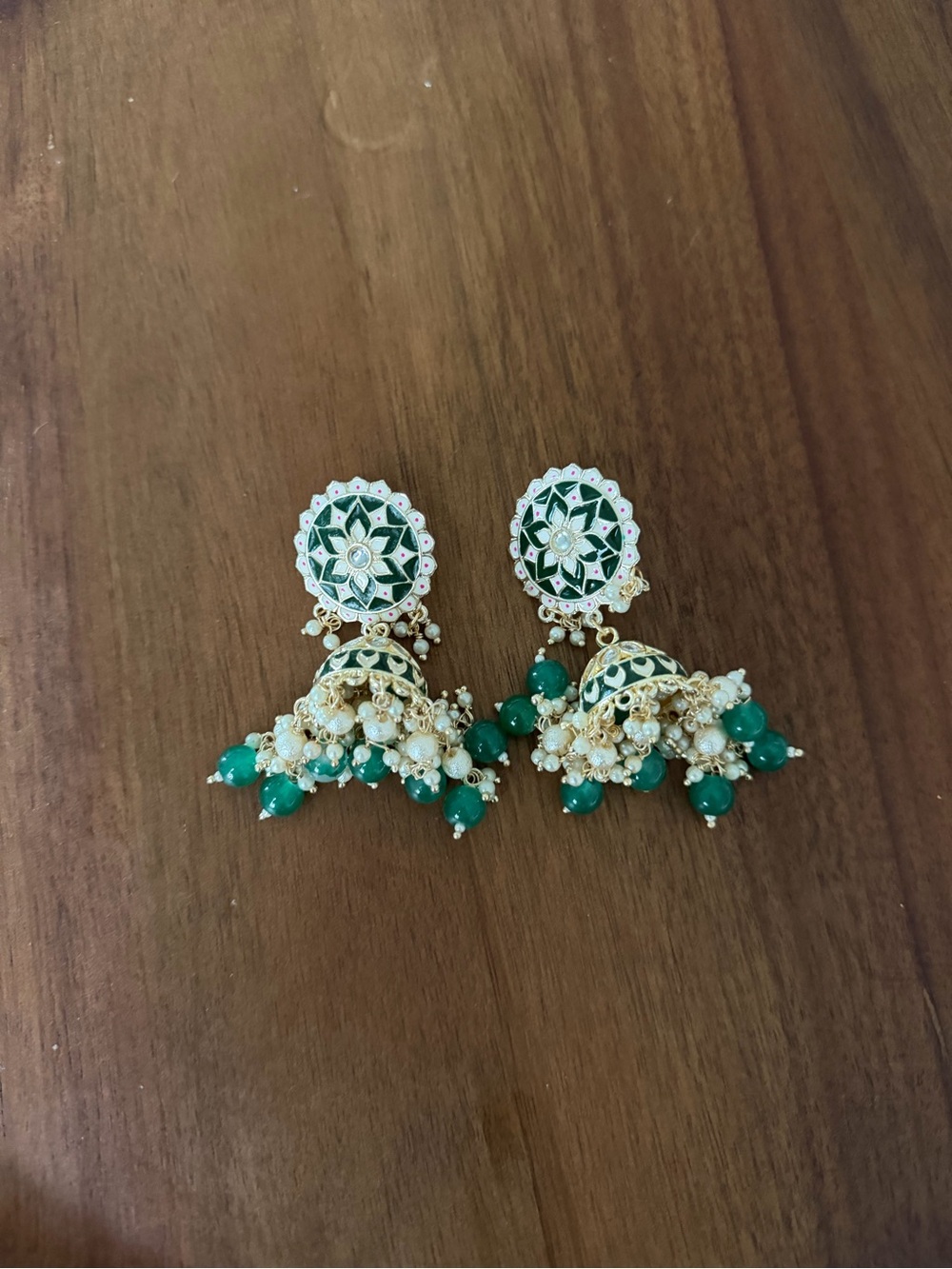 Green Enamel Jhumka Earrings with Pearls - Women Jewelry